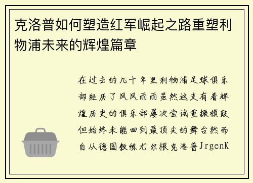 克洛普如何塑造红军崛起之路重塑利物浦未来的辉煌篇章